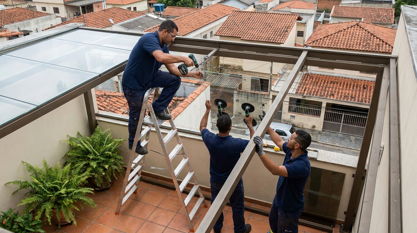 Cobertura de vidro em terraço com telhados em Campo Grande-MS