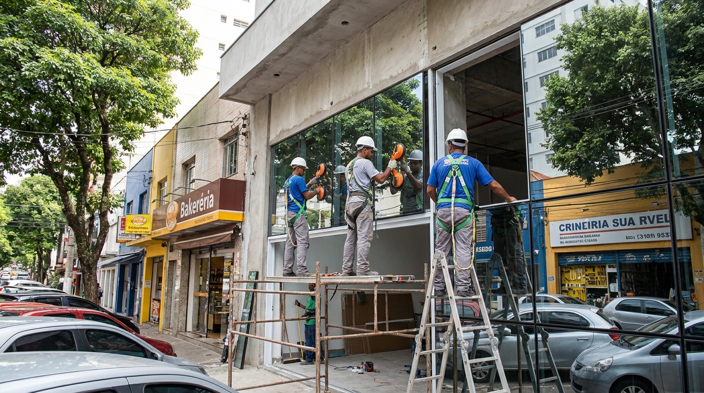 Fachada de vidro com confeitaria vizinha em Campo Grande-MS