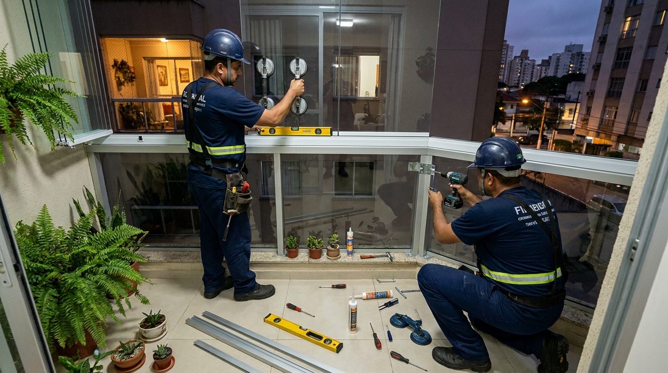 Instalação noturna de parede de vidro em Campo Grande-MS
