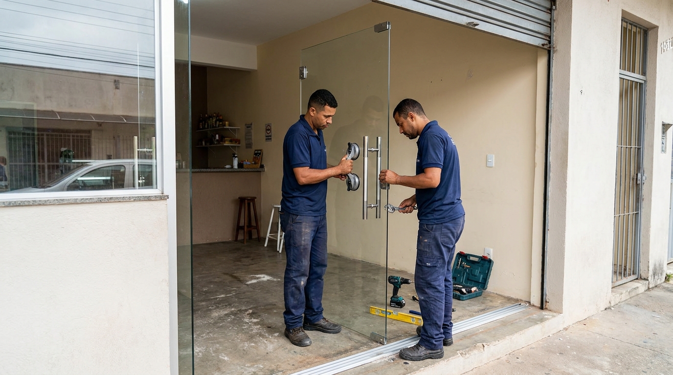 Dupla instalando porta de vidro em loja em Campo Grande-MS