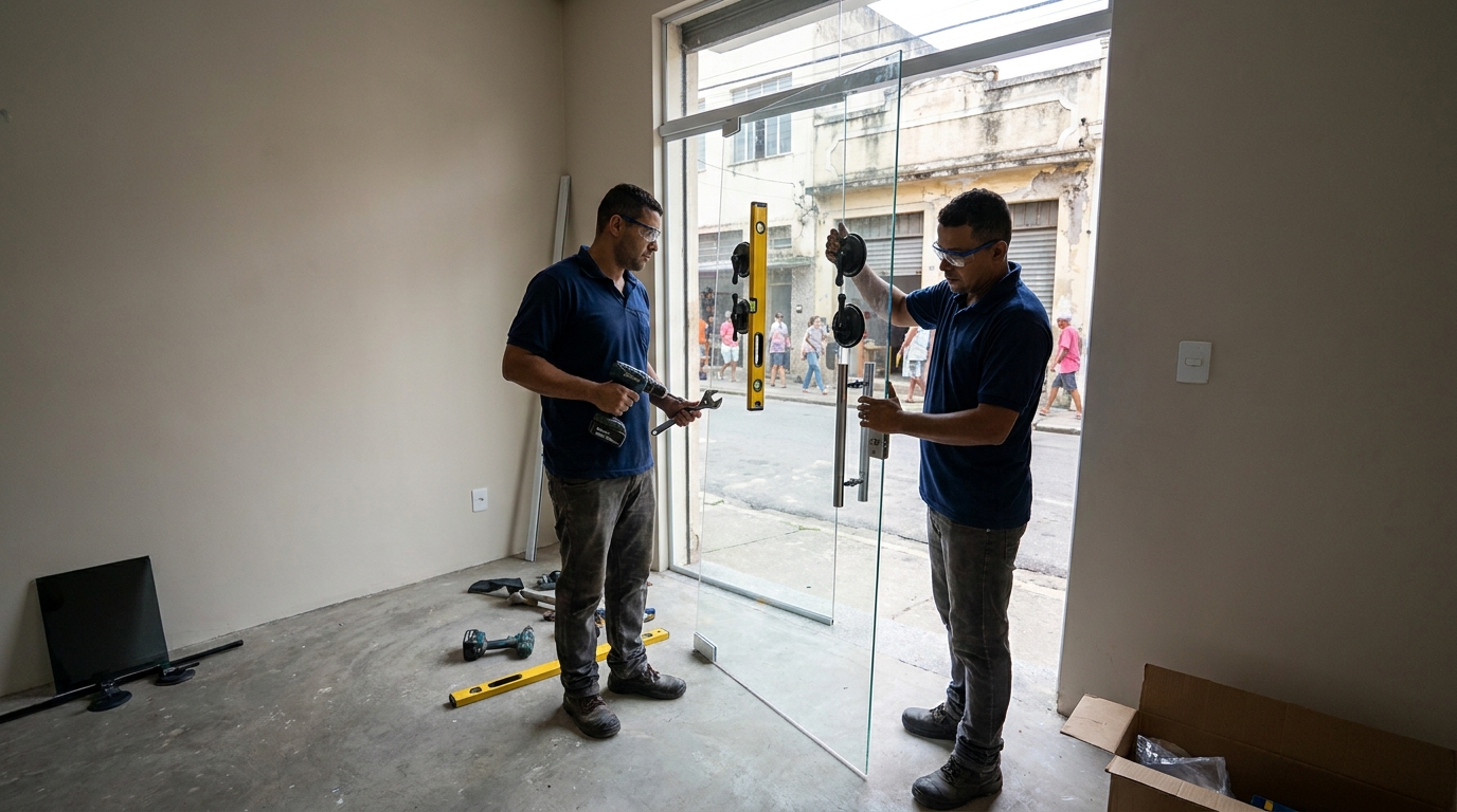 Porta de vidro com vista urbana em Campo Grande-MS